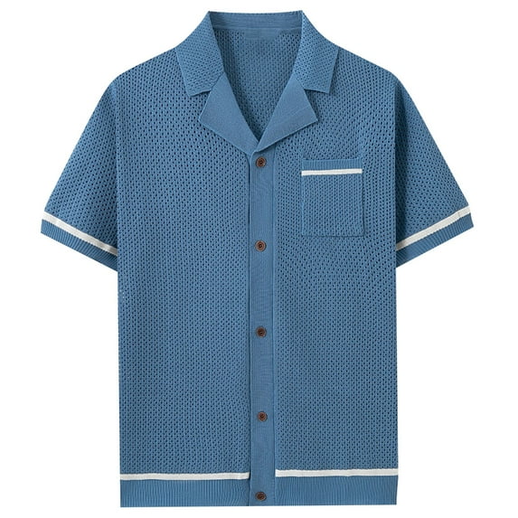 Fashion YLSDY Mens Casual Short Sleeve Loose T-Shirts Hollow Out Knitted Dressy Shirt Solid Color Button Up Lapel Blouse Tops Blue XL