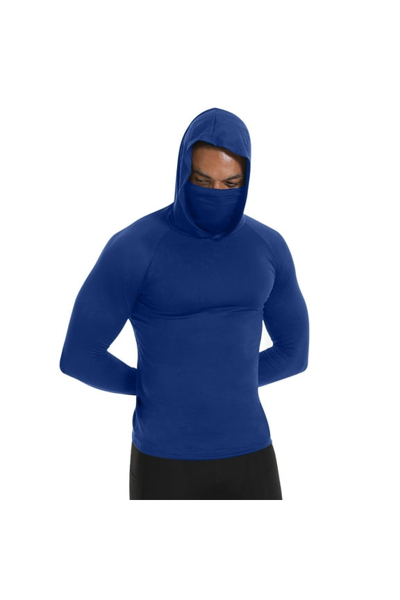 Fashion YLSDY Mens Compression Thermal Shirts Hoodie with Mask Long Sleeve Winter Sports Base Layer Top Active Running Sun Shirt Blue S