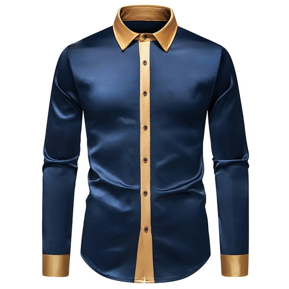 Fashion YLSDY Mens Dress Shirts Long Sleeve Stretch Performance Graduation Collared Shirt 80s Prom Formal Dress for Wedding Guest Satin Shiny Man Shirts Navy M