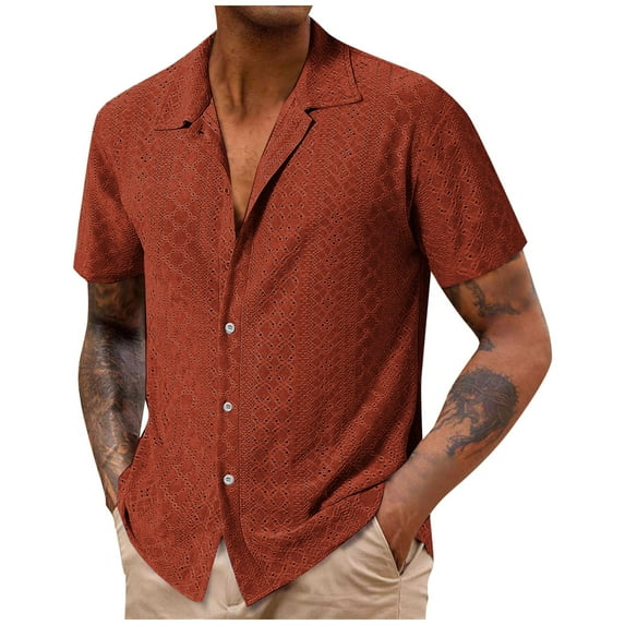 Fashion YLSDY Mens Eyelet Shirts Casual Short Sleeve Button Down Blouse Fashion Solid Color Loose Fit Lapel Athletic Tee Tops Orange L