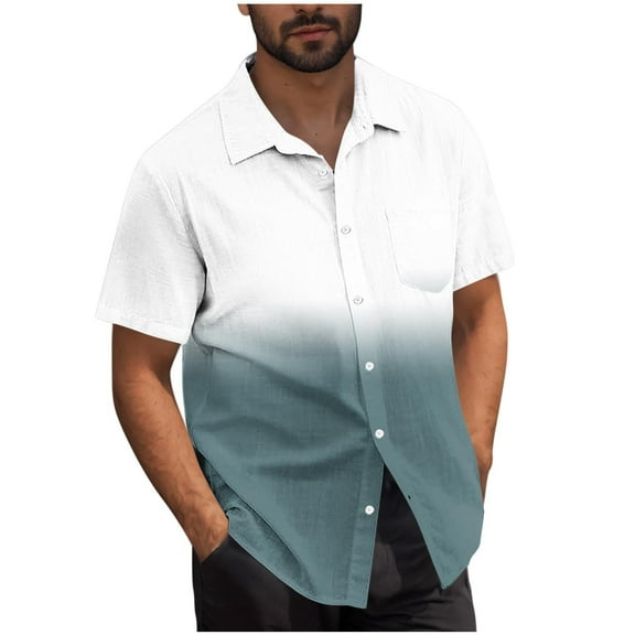 Fashion YLSDY Mens Gradient Linen Shirts Casual Contrast Color Collared Button Down Short Sleeve Beach Summer Shirts Navy XL