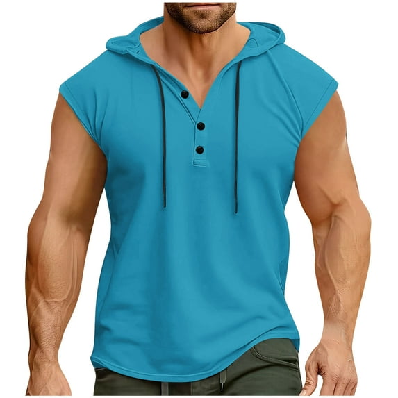 Fashion YLSDY Mens Henley Neck Tank Top Lightweight Yoga Cut Off Gym Hoodies Compression Tights Casual Summer Beach Vacation Tops Sky Blue XXL