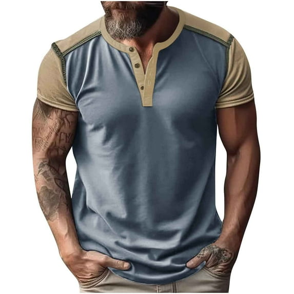 Fashion YLSDY Mens Henley Shirts Fashion Short Sleeve Casual Classic Fit Cotton T-Shirt Color Block Summer Crewneck Button Tee Tops Gray M