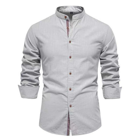 Fashion YLSDY Mens Long Sleeve Cotton Linen T-Shirt Button Down Band Collar Beach Tops Casual Button Up Summer Oxford Dress Shirt Gray S