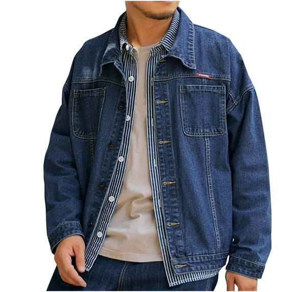 Fashion YLSDY Mens Long Sleeve Outfits Button up Collared Denim Hippie Victorian Western Winter Fall 2025 Fashion Coat Dark Blue XL
