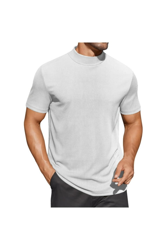 Fashion YLSDY Mens Mock Turtleneck Sweater Short Sleeve Turtle Neck Sweaters Casual Ribbed Knitted Pullover Tops Solid Basic Tee White S