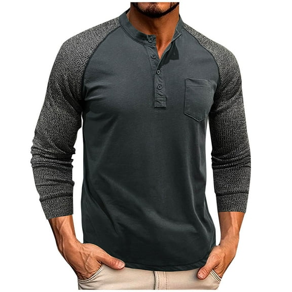 Fashion YLSDY Mens Patchwork Long Sleeve Henley Shirt Athletic Running Workout Shirts Casual Round Neck Button Down Pullover Tops Dark Gray L