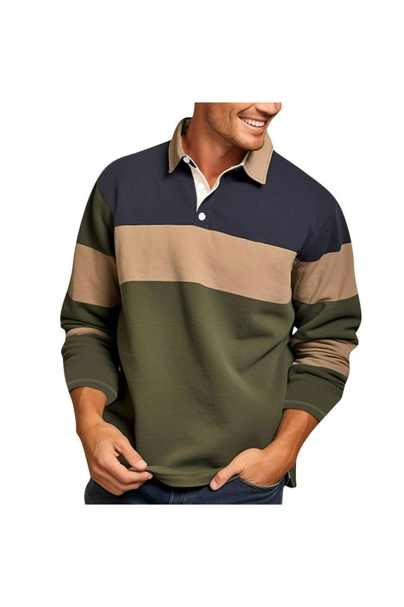 Fashion YLSDY Mens Preppy Sweatshirt Color Block Casual Long Sleeve Slim Fit Pullover Fall Sweatshirts for Men with Collar Army Green L
