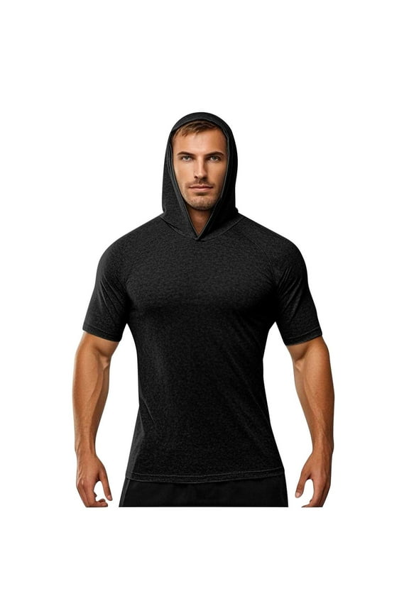 Fashion YLSDY Mens Short Sleeve Hoodie Athletic Shirts Quick Dry Workout Gym Hooded Tops Summer Sun Protection Running Pullover Tees Black M