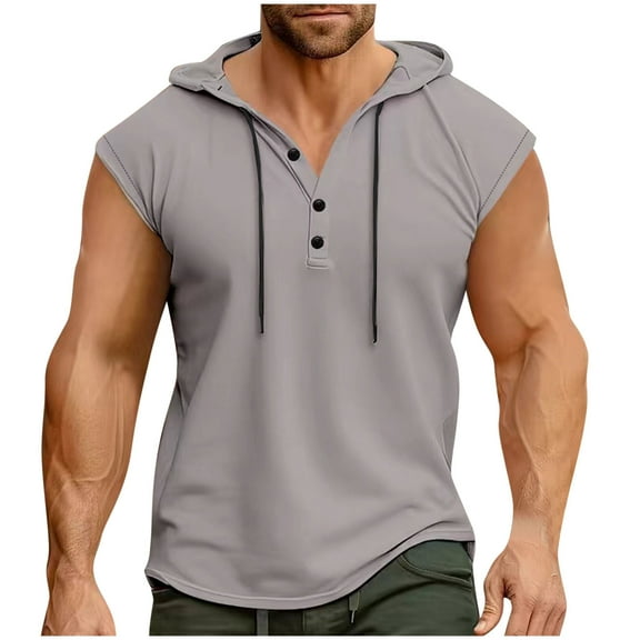 Fashion YLSDY Mens Shorts Sleeve Hoodies Gym Workout Running Shirts Button Up Muscle Bodybuilding T Shirts Drawstring Athletic Fitness Tees Gray S