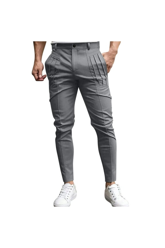 Fashion YLSDY Mens Slim Fit Dress Pants Chino Casual Elastic Waist Slacks Trousers Fall Fashion Skinny Stretch Suit Pants Gray L