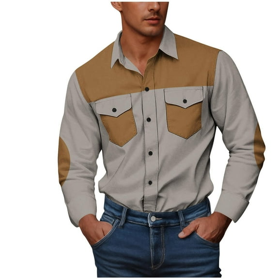 Fashion YLSDY Mens Stylish Shirts Long Sleeve Button Up Shirts Stretch Gothic Lapel Neck Tops Cowboy Vintage 80s Outfits Khaki XXXL