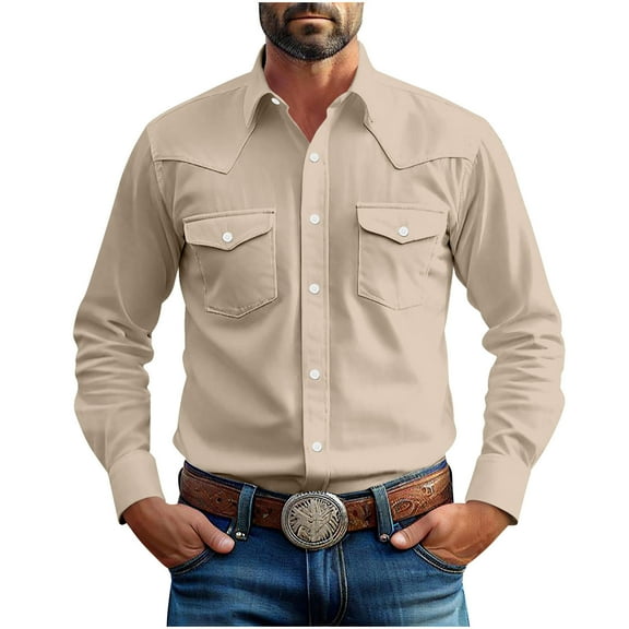 Fashion YLSDY Mens Western Cowboy Shirts Button Up Shirts Vintage Collared Long Sleeve Work Shirts for Men with Two Pockets Khaki L