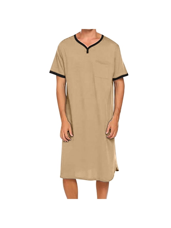 Fashion YLSDY Nightshirt for Men Nightgown Short Sleeve V Neck Sleepshirt Pajama Shirt Summer Comfy Big & Tall Henley Sleep Gowns Khaki L