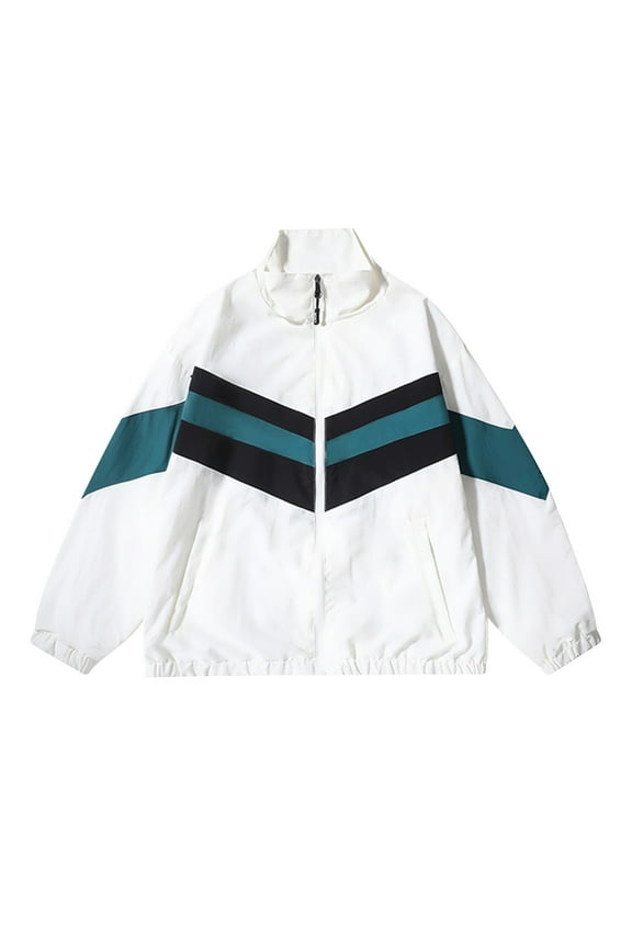 Fashion YLSDY Patchwork Jacket Y2k for Mens Full Zip Up Lightweight Windbreaker Vintage Varsity Jackets for Running Sport Coat White XL