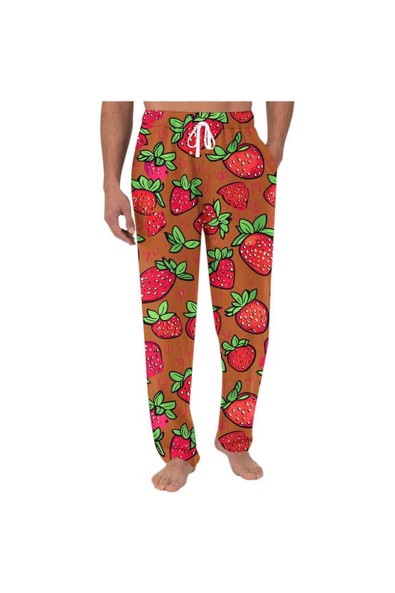 Fashion YLSDY Strawberry Print Lounge Pants for Men Elastic Waist with Pockets Comfortable Relaxed Fit Casual Pants Daily Vacation Orange S