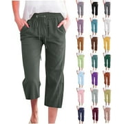 YOTAMI Summer Capris Pants for Women Plus Size Cotton Linen Casual Pants Straight Wide Leg Loose Drawstring Elastic Waist Pant