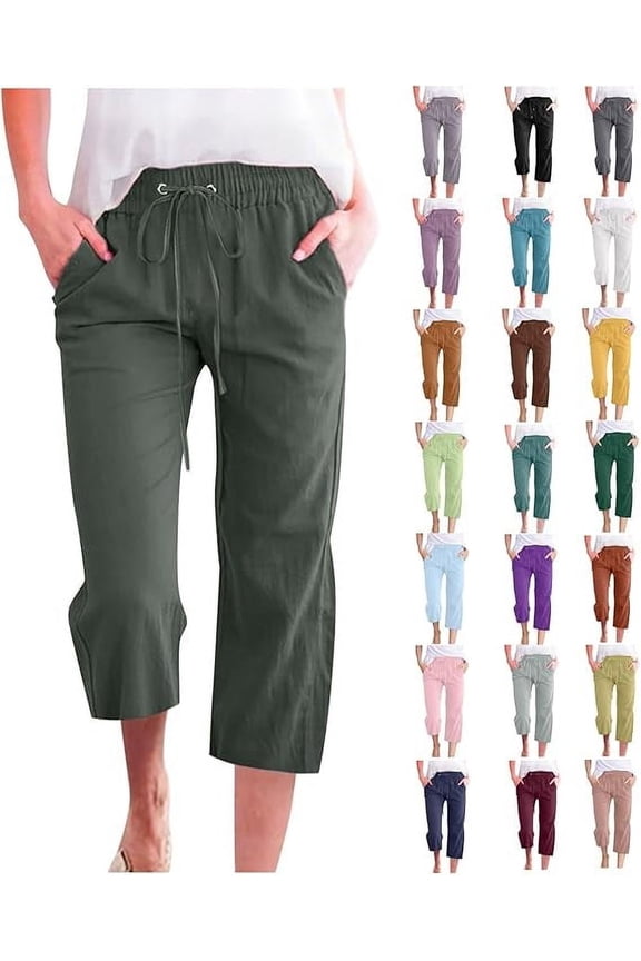 Capri Pants for Women Plus Size Linen Pants Summer Casual, Lightweight Elastic Waisted Drawstring Loose Cargo Pants with Pockets