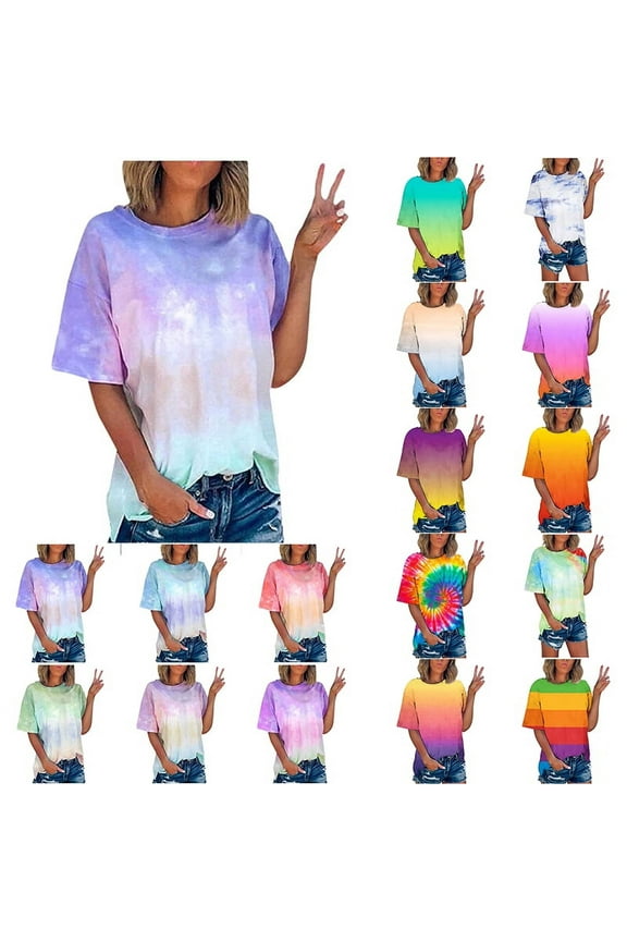 Tie Dye Shirts for Women Short Sleeve Crew Neck Plus Size Tshirts Trendy Casual Funny Print Loose Fit Tops Blue Sizes XL