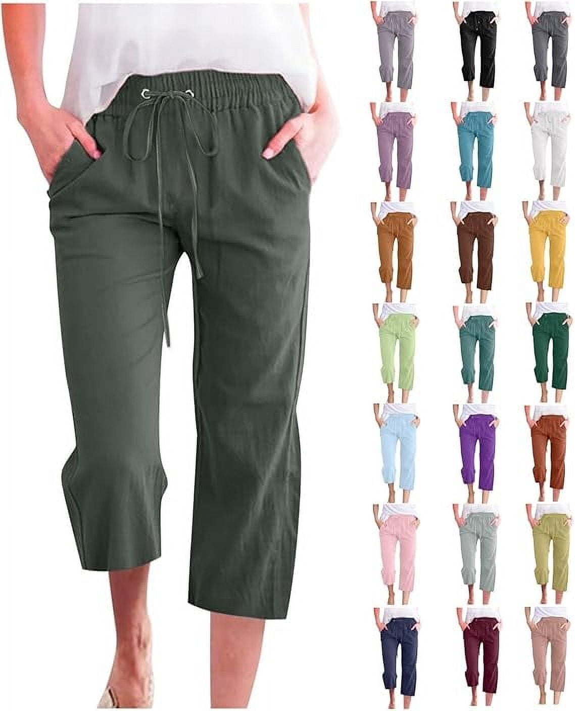 Womens Pants Cotton-Linen Capris for Women Summer Casual Wide-Leg Pants Lightweight Elastic-Waisted Drawstring Loose Pants with Pockets, Size S-XXXXXL