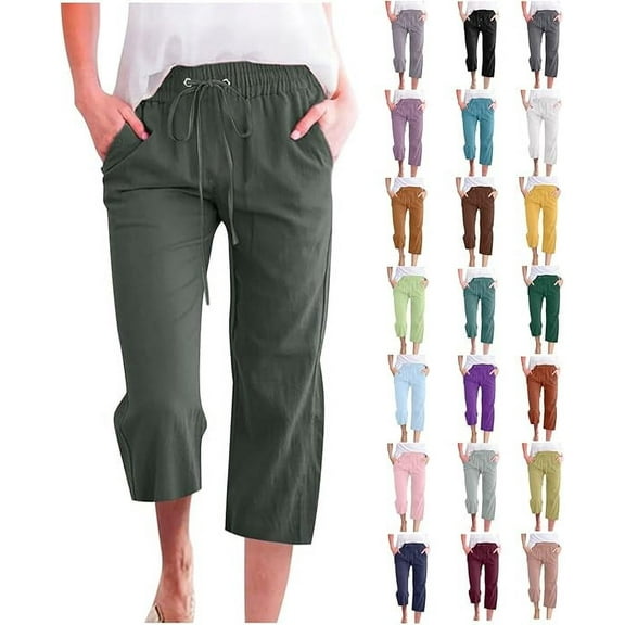 Yotami Capri Pants for Women, Cotton Linen Plus Size Pants for Summer Y2k Elastic Waisted Loose Drawstring Casual Trousers with Pocket