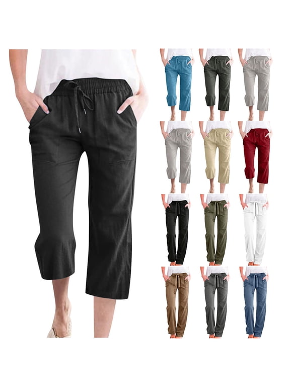 Womens Pants Cotton-Linen Capris for Women Summer Casual Wide-Leg Pants Lightweight Elastic-Waisted Drawstring Loose Pants with Pockets, Size S-XXXXXL