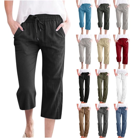 Yotami Womens Pants Cotton-Linen Capris for Women Summer Casual Wide-Leg Pants Lightweight Elastic-Waisted Drawstring Loose Pants with Pockets, Size S-XXXXXL