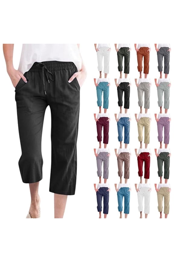Womens Pants Cotton-Linen Capris for Women Summer Casual Wide-Leg Pants Lightweight Elastic-Waisted Drawstring Loose Pants with Pockets, Size S-XXXXXL