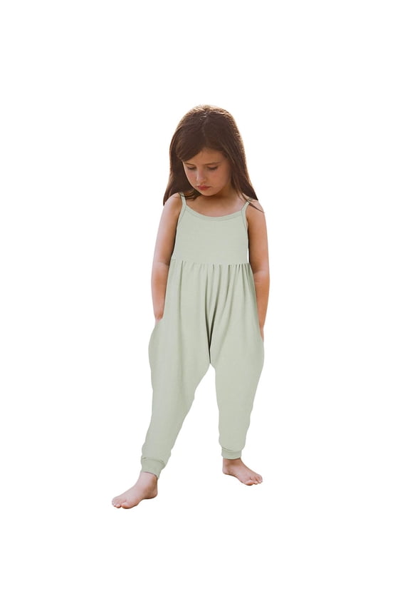 Toddler Baby Girl Jumpsuit One Piece Floral/Dinosaur/Solid/Color Sleeveless Playsuit Strap Romper Harem Pant with Pockets Summer Outfit Clothes(#01-Green,1-2 Years)
