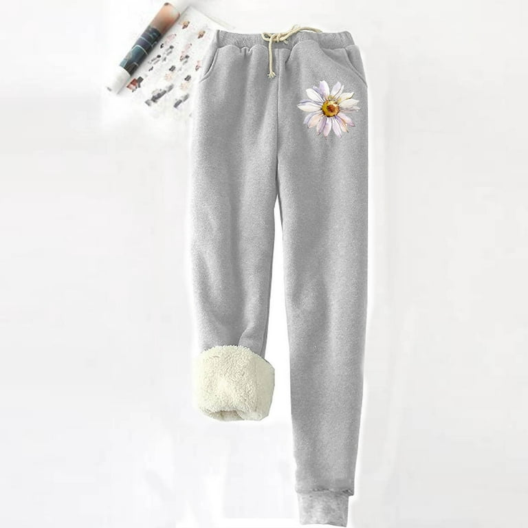 Savings! ZQGJB Women's Warm Sherpa Lined Sweatpants Cute Daisy Embroidery  High Waist Drawstring Athletic Jogger Pants Sherpa Fleece Lined Leggings  with Pockets(Gray,XXXL) 