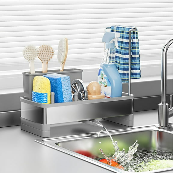 Kcavykas Kitchen Organizer Dish Rack Stainless Steel Sink Sponge Drainer and Dishcloth Storage Caddy Countertop Dishwashing Detergent Holder With Handles Gray Home Storage BlackFriday