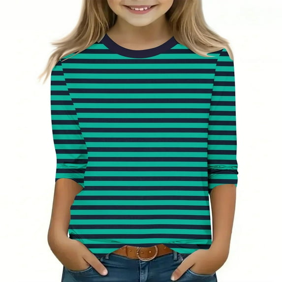 Savings up to 30% off 3-12Years Boys Girls Casual Striped Printed 3/4 Sleeve Round Neck Children's Tops Pullover Bottom Shirt Green 3 Years