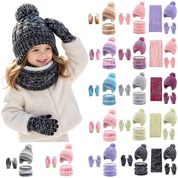 Toddler Hats Gloves and Scarves Sets Winter Warm Knit Thick Thermal Stretchy Ski Head Hat Scarf Gloves Set