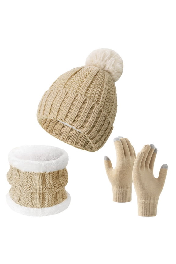 European And American Winter Knitted Warm Gloves Hats Scarves Three Piece Set with Thick Velvet And Hat Family Gifts