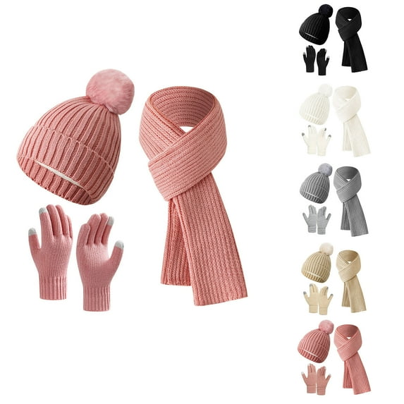 European And American Winter Knitted Warm Gloves Hats Scarves Three Piece Set with Thick Velvet And Hat