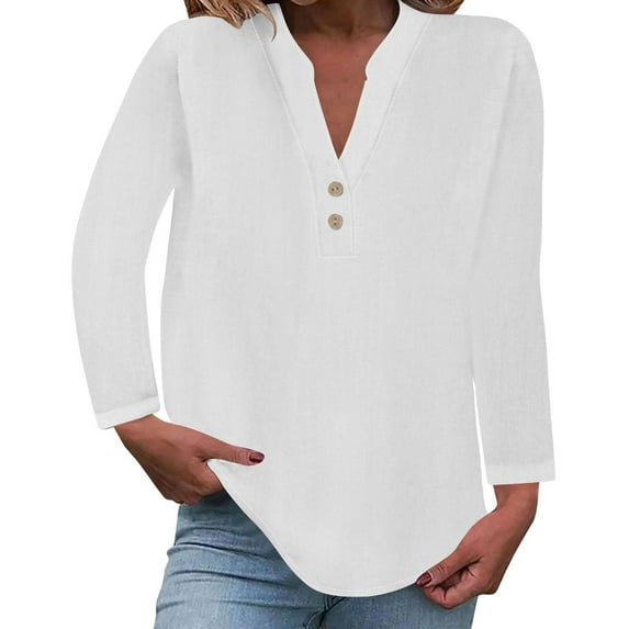 Savings up to 30% off Long Sleeve Shirts for Women Tops Fashion Solid Button Shirt Female V-Neck Loose T-shirt Blouse White 2XL