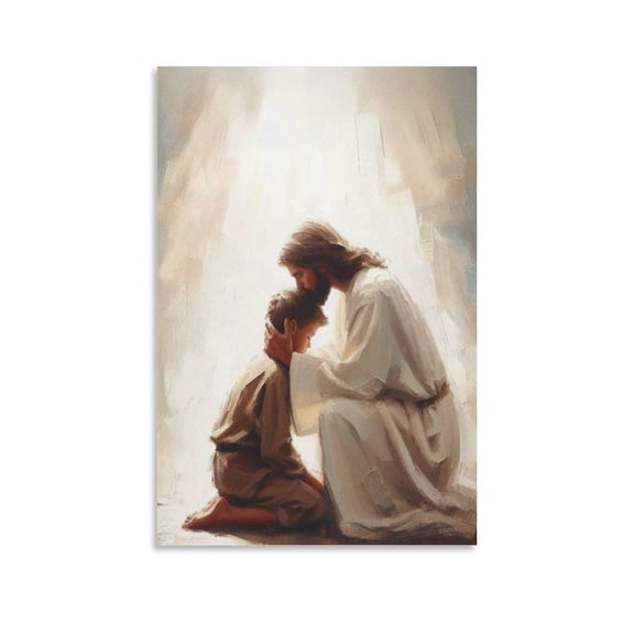 His Savior, Christian Mural, Jesus with Boy Canvas Print, Jesus Portrait Poster Canvas Art Poster and Wall Art Picture Print Modern Family bedroom Decor Posters 08x12inch(20x30cm)