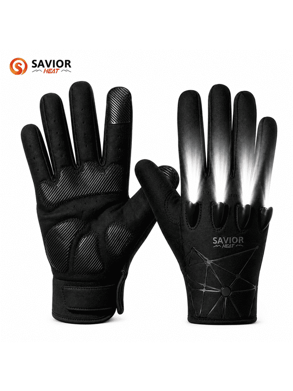 LED Cycling Gloves for Men Women, Full & Half Finger Bike Gloves with Flashlight, Touchscreen Anti-Slip Waterproof Windproof Warm Gloves for MTB Road Racing Fishing Camping Outdoor Work