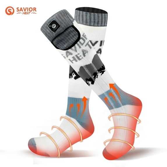 SAVIOR HEAT Heated Socks for Men Women, Merino Wool Foot Warmers, 7.4V Rechargeable Electric Battery Ski Socks, Smart Safety 3 Heat Levels for Winter Skiing Hunting Work Hiking Riding Fishing
