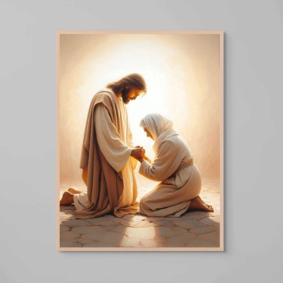 Savior Love Christian Art Jesus With Elderly Woman Picture Of Christ Print, Unframed Canvas 8x10in
