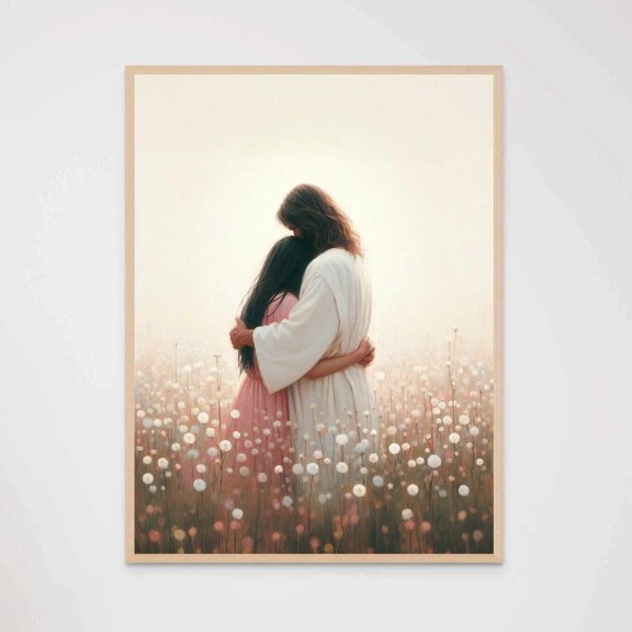 Savior With Girl Christian Art Jesus Heals A Woman Picture Bible Prints Decor, Unframed Canvas 8x10in