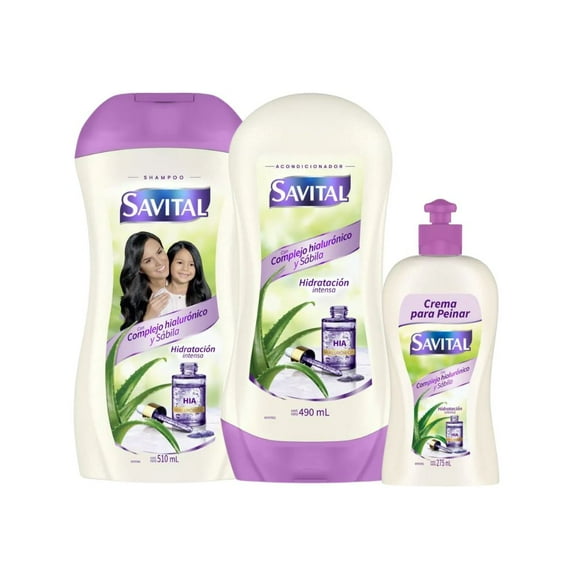 Savital Shampoo Complejo Hialuronico 510mL, Acondicionador Complejo Hialuronico 490mL, Crema para peinar Complejo Hialuronico 275mL (3 Pack)