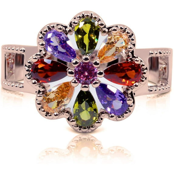 Savlano 14K Gold Plated Cubic Zirconia Multicolor Rainbow Flower Ring for Women