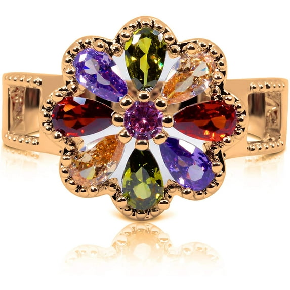 Savlano 14K Gold Plated Cubic Zirconia Multicolor Rainbow Flower Ring for Women