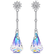 Savlano 14k White Gold Plated Aurora Borealis Austrian Rainbow Multicolor Crystal Tear Drop Cut Stud Dangle Earrings For Women & Men