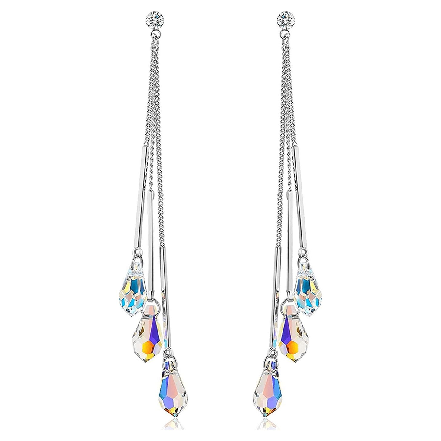 Savlano 14k White Gold Plated Aurora Borealis Drop Tear Cut Austrian Rainbow Multicolor Crystal Tear Drop Cut Stud Dangle Earrings For Women & Girls - Comes with Savlano Gift Box