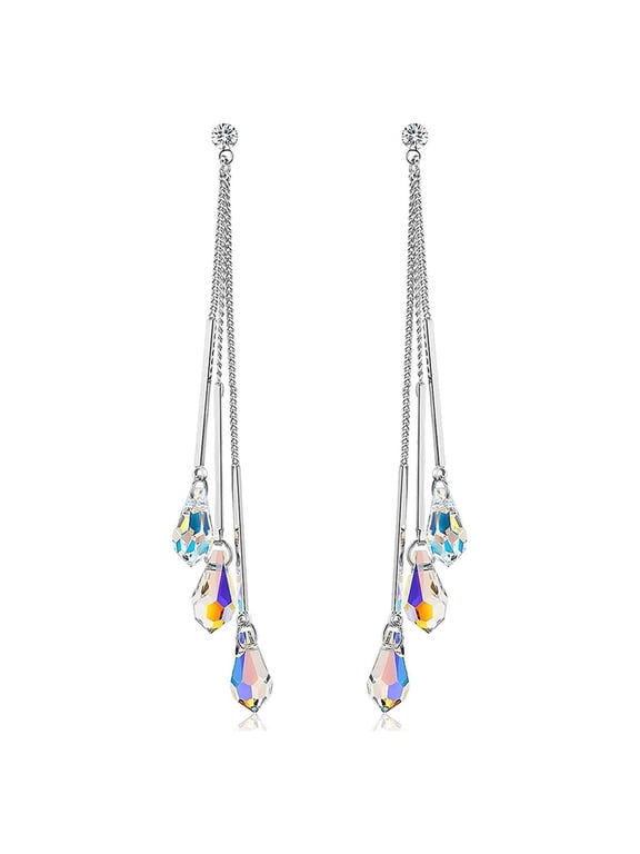14k White Gold Plated Aurora Borealis Drop Tear Cut Austrian Rainbow Multicolor Crystal Tear Drop Cut Stud Dangle Earrings For Women - Comes with Savlano Gift Box