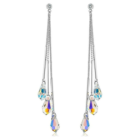 Savlano 14k White Gold Plated Aurora Borealis Drop Tear Cut Austrian Rainbow Multicolor Crystal Tear Drop Cut Stud Dangle Earrings For Women - Comes with Savlano Gift Box