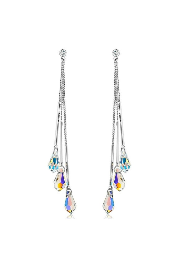 14k White Gold Plated Aurora Borealis Drop Tear Cut Austrian Rainbow Multicolor Crystal Tear Drop Cut Stud Dangle Earrings For Women - Comes with Savlano Gift Box