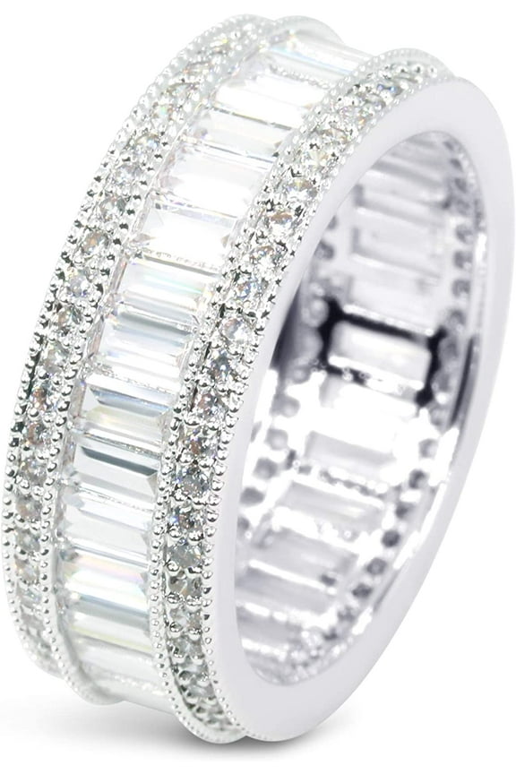 18K Gold Plated Cubic Zirconia 8MM Emerald Cut Eternity Lustrous Ring Band for Women